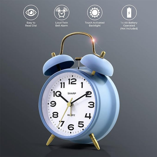 Sharp Twin Bell Alarm Clock, Loud Alarm Great for Heavy Sleepers - Stylish Matte Finish with Rustic Bronze Accents, Battery Operated (Matte Cornflower Blue)