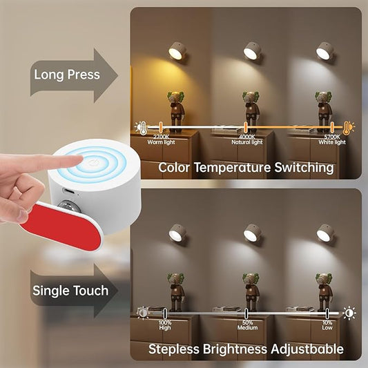 2PACK Romote LED Wall Sconce - Rechargeable Wall Light, 3 Colors & 3 Brightness Levels, 360? Magnetic Rotating Head, Bedside Reading Lamp, Easy Install Battery Operated Lamp White