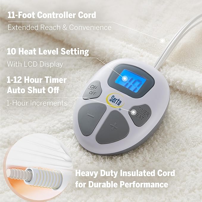 Serta Heated Blanket, Electric Full Size Blanket, Soft, Warm, Fuzzy Heating Blanket Full for Office, Couch, 1-12 hr Auto Shut Off Timer, 10 Lv Heat Setting, ETL Certified, Full 77" x 84" Ivory