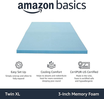 Amazon Basics Twin XL Cooling Gel-Infused Memory Foam Mattress Topper, CertiPUR-US Certified, 3 Inches, Blue