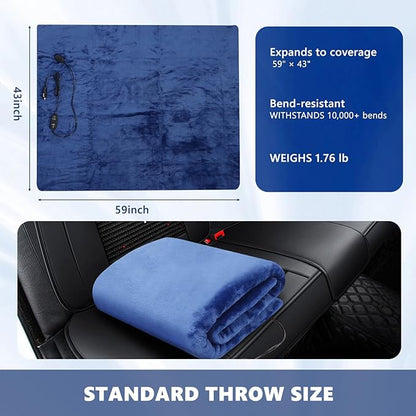 Heated Car Blanket DC12V-24V Electric Blanket for Car Camping, Portable Washable Heated Blanket with Timer, 3 Heat Settings, Heated Throw Blanket for Road Trip (Navy Blue)