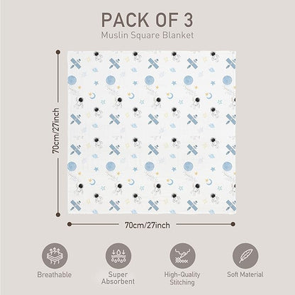 GLLQUEN BABY Receiving Blanket Boy Cotton Muslin Swaddle Blankets Girl Newborn Squares Breathable & Soft Thin Baby Blankets Cloths Double Absorbent Infant Swaddling Wrap - 3 Pack (Blue Astronaut)
