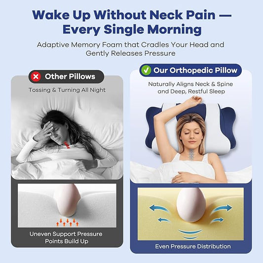 DONAMA Cervical Neck Pillow for Pain Relief, Orthopedic Contour Neck Pillow with Memory Foam Ergonomic Pillows with Dual Heights for Back, Stomach and Side Sleepers (Dark Blue)