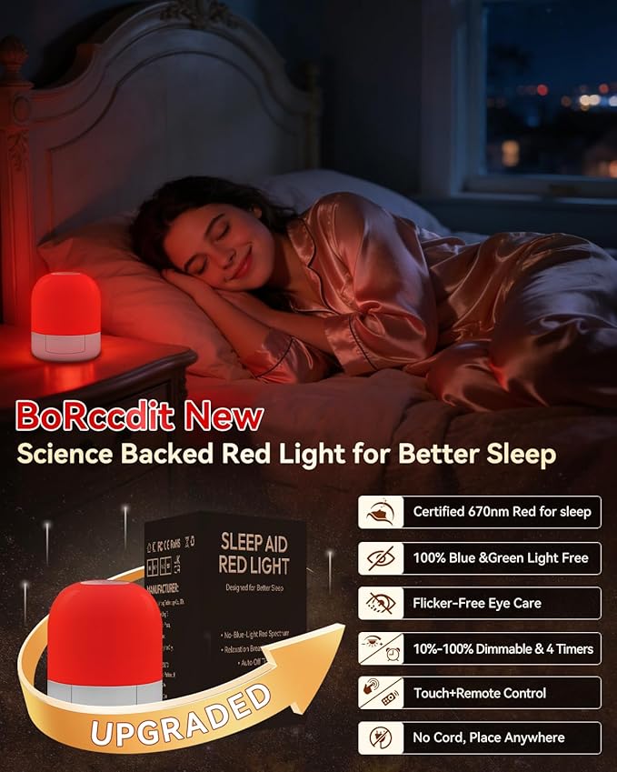 670nm Red Light for Sleep, 100% Blue Light Blocked & 10%-100% Dimmable & 4 Timers & Remote + Touch, Rechargeable Long Lasting Red Night Light Sleep Lamp for Bedroom, Nursery, Reading