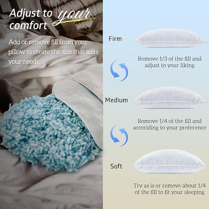 BETU Cooling King Size Pillows Set of 4, Shredded Memory Foam Bed Pillows for Sleeping, Adjustable Firm Cool Pillow for Neck Pain and Side Sleeper, White