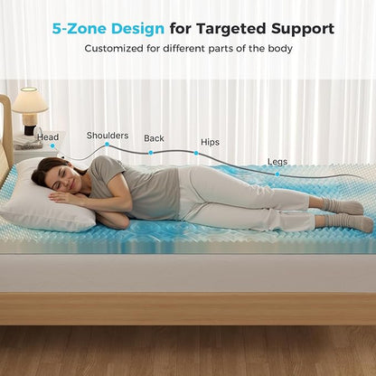 DUMOS 4 Inch 5-Zone Memory Foam Mattress Topper King, Cooling Gel Infused Pressure Relief Bed Topper for Back & Hip Pain, Soft Dorm RV Camping Mattress Pad, Blue