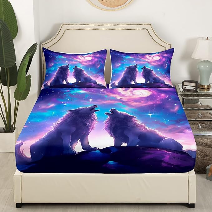 Wolf Kids Fitted Sheet Twin Size,Glitter Starry Sky Romantic Bedding Set,Boys Girls Room Decor,Wildlife Hunting Animal Adventure Rustic Bed Cover,Purple Bed Sheet,1 Pillowcase