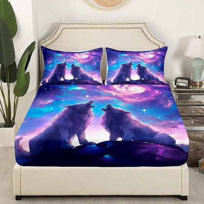 Wolf Kids Fitted Sheet Twin Size,Glitter Starry Sky Romantic Bedding Set,Boys Girls Room Decor,Wildlife Hunting Animal Adventure Rustic Bed Cover,Purple Bed Sheet,1 Pillowcase