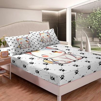 Cat Paw Fitted Sheet Full 3 Pcs,Kawaii Cat Lovely Animals Soft Microfiber Sheets Breathable Bedding,Watercolor Cat 3D Cartoon Bedsheet with Deep Pocket for All Season Bedroom