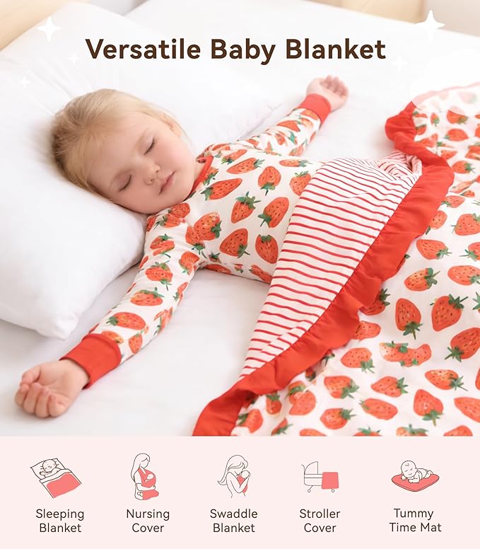 Premium Baby Blankets, Soft Viscose from Bamboo Blanket for Girls, Nursery Crib Bedding Quilt for Newborn and Toddler, Ruffle Blanket Cooling for Hot Sleepers, 50''x50'' Strawberry