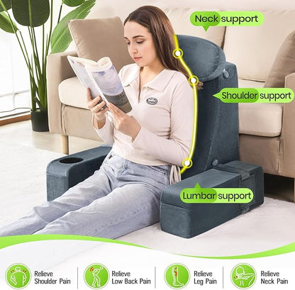 AS AWESLING 21 INCH Reading Pillow for Adults, Back Pillow for Bed Sitting Up, Backrest Pillow for Sitting in Bed, Detachable Arms with Built-in Cup & Phone Caddy (Dark Gray, 21 INCH)