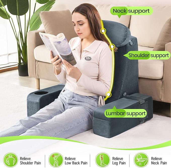 AS AWESLING 19 INCH Reading Pillow for Adults, Back Pillow for Bed Sitting Up, Backrest Pillow for Sitting in Bed, Detachable Arms with Built-in Cup & Phone Caddy (Dark Gray, 19 INCH)