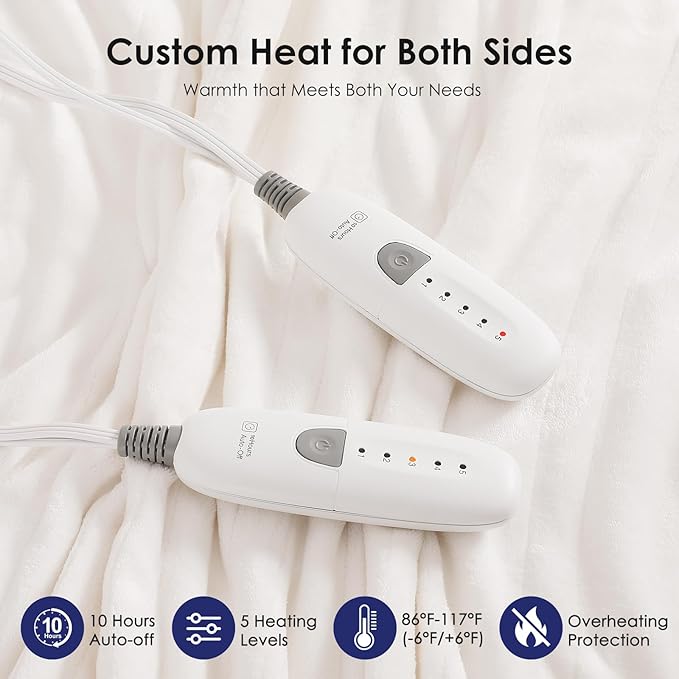 King Size Electric Blanket Dual Control Heated Blanket - Soft Silky Plush Electric Blanket with 5 Heating Level & 10 Hour Auto Off, ETL Certified & Machine Washable for Grandma Gifts(Cream White)