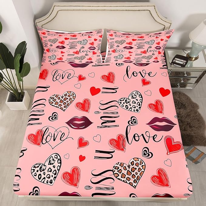 Heart Boys Girls Bed Sheets,Lips Leopard Love Romantic Room Decor,Valentine's Day Chic Kids Twin Size Fitted Sheet,Red Pink Bedding Set,1 Pillowcase(No Flat)