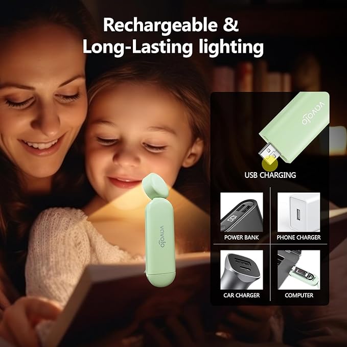 VAVOFO USB Rechargeable Book Light, Blue Light Blocking, Amber Light Clip On Bookmark Shaped Reading Light, Eye Care 6 LEDs Book Light for Bookworms Reading in Bed with 9 Lighting Modes (Green)
