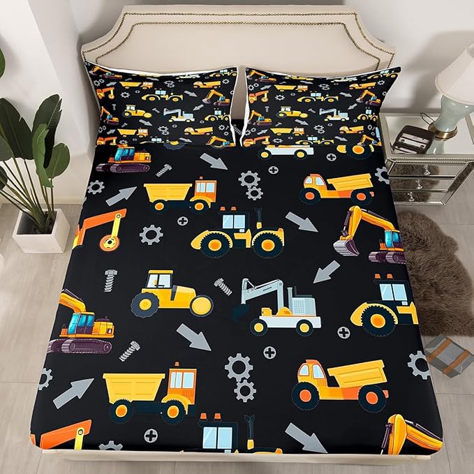 Engineering Vehicle Fitted Sheet Full Size,Construction Bedding Excavator Truck Bedding All-Round Elastic Pocket,Cartoon Yellow Car Kids Bed Sheet 3 Pieces Fits Mattress