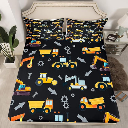 Engineering Vehicle Fitted Sheet Full Size,Construction Bedding Excavator Truck Bedding All-Round Elastic Pocket,Cartoon Yellow Car Kids Bed Sheet 3 Pieces Fits Mattress