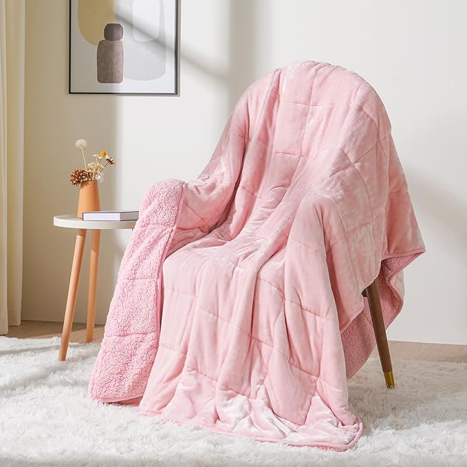Cottonblue Sherpa Fleece Weighted Blanket 12lbs, Flannel Cozy Plush Blankets, Fuzzy Flannel Bedding Blanket Throw for Twin Full Bed, Minky Soft Blanket for Sofa Bed 48 x 72 inches, Blush Pink