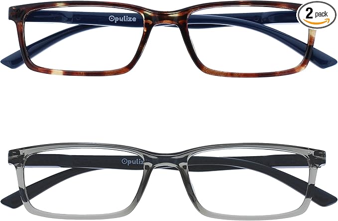 OPULIZE SEE Reading Glasses with Blue Light Blocking for Women and Men, Narrow Frame, Spring Hinges, Computer Gaming Glasses, Brown,Grey +1.5 (Pack of 2)