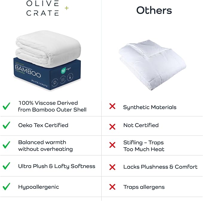 Olive + Crate 100% Viscose derived from Bamboo Comforter Outer Shell - Extra Thicker and Heavier Queen Size - Cooling Blanket, Hypoallergenic & Moisture Wicking Bedding - Winter Comforter (88" x 90")