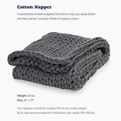 Bearaby Cotton Hand-Knit Weighted Blankets for Adults - Chunky Knit Blanket - Sustainable, Breathable, Organic, Cooling Weighted Blanket - Machine Washable (Asteroid Grey, 20 lbs, 45"x72")