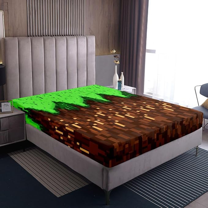 Pixelated Game Kids Full Size Fitted Sheet,Video Games Gamepad Abstract Room Decor,Gaming Geometric Square Boys Girls Bed Sheets,Green Brown Bedding Set,2 Pillowcases(No Flat)