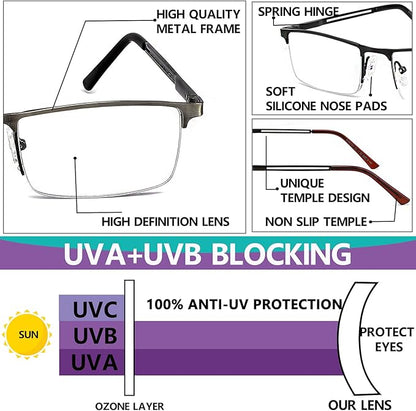 JJWELL 3 Pack Reading Glasses for Men Blue Light Blocking, Lightweight Metal Rectangle Semi Rimless Readers for Men, Anti Eyestrain/UV, Half Frame Spring Hinge Eyeglasses with Pouches 125