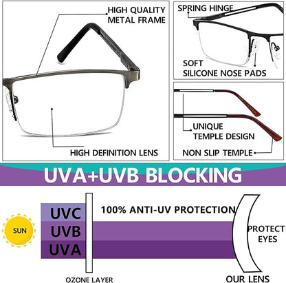 JJWELL 3 Pack Mens Reading Glasses Blue Light Blocking, Metal Rectangle Semi Rimless Readers for Men, Anti Eyestrain/Computer Glare/UV, Half Frame Spring Hinge Eyeglasses with Pouches(1.25)