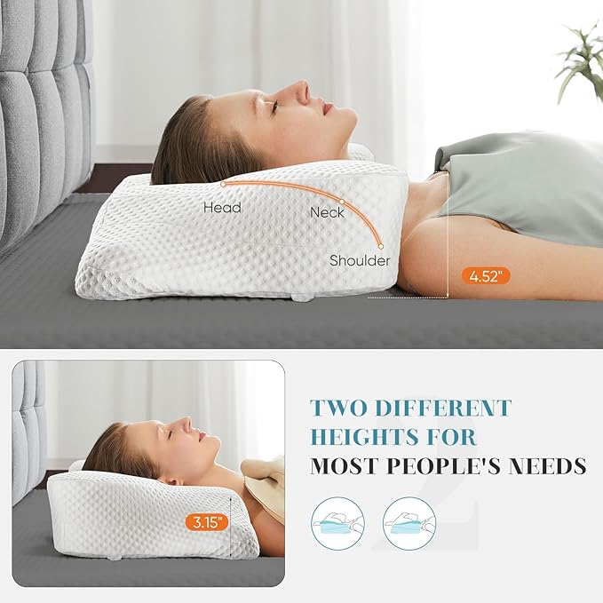 Sweetcrispy Cervical Pillow for Neck and Shoulder - 2 Pack Ergonomic Memory Foam Pillows, Contour Side Sleeper for Adults, Cooling Orthopedic Neck Support for Back Stomach Sleepers, White