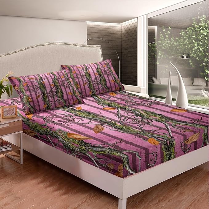 Camoflage Kids Fitted Sheet Twin Size,Hunter Cabin Tree Branches Botanical Leaves Rustic Bedding Set,Girls Women Room Decor,Geometric Stripes Bed Cover,Pink Bed Sheet,1 Pillowcase(No Top Sheet)