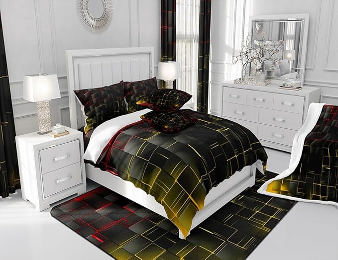 Manfei Red and Yellow Sheet Set Full Size, Abstract Geometric Grid Bedding Set for Kids Boys Adults, Black Square Lattice Bed Sheet Set 4pcs with Deep Pocket Fitted Sheet + Flat Sheet + 2 Pillowcases