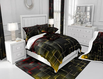 Manfei Red and Yellow Sheet Set Full Size, Abstract Geometric Grid Bedding Set for Kids Boys Adults, Black Square Lattice Bed Sheet Set 4pcs with Deep Pocket Fitted Sheet + Flat Sheet + 2 Pillowcases