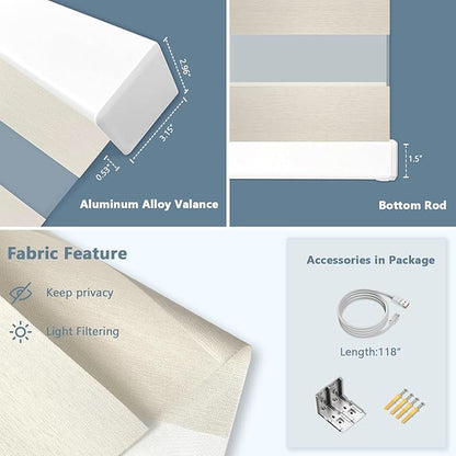Motorized Zebra Blinds for Windows Cordless Electric Curtains with Remote Control Blackout Shades Custom Smart Blinds Compatible with Alexa Google Home(Light Filtering Beige,W23 X 72in)