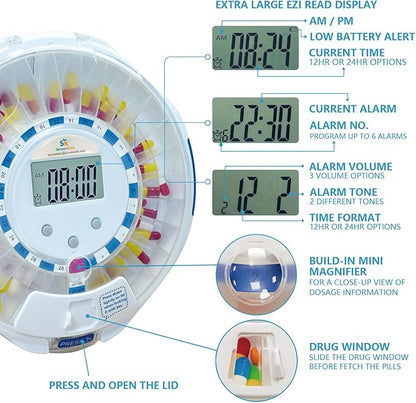 SenyerKare 28-Day Automatic Pill Dispenser with Alarm & Alzheimer’s Care, Medication Organizer w/Easy-Read LCD Display, Sound & Light & Key Alerts for Medication, Vitamins, Supplements, Clear Lid