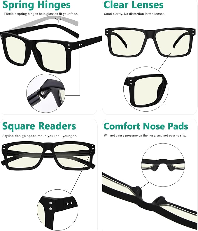 Eyekepper Oversized Reading Glasses Square Large Blue Light Readers for Men Women - Black +2.50