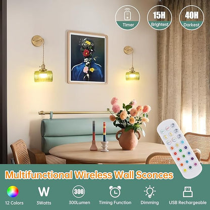 Battery Operated Wall Sconce with Green Striped Shade Pattern Glass Adjustable Chain Retro Gold Wall Mounted Light, Modern Wall Decor for Bedside Bedroom Indoor Doorway， Set of 2