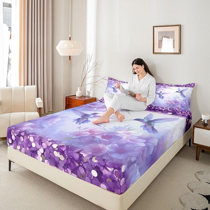Hummingbird Kids Queen Size Fitted Sheet,Lilac Flower Spring Dreamy Room Decor,Vintage Floral Animal Boys Girls Bed Sheets,Purple Blue Bedding Set,2 Pillowcases(No Flat)
