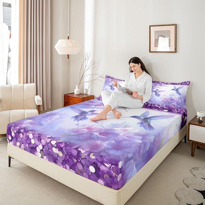 Hummingbird Kids Queen Size Fitted Sheet,Lilac Flower Spring Dreamy Room Decor,Vintage Floral Animal Boys Girls Bed Sheets,Purple Blue Bedding Set,2 Pillowcases(No Flat)