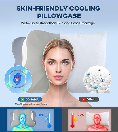 DONAMA Cervical Pillow for Neck and Shoulder,Contour Memory Foam Pillow,Ergonomic Neck Support Pillow for Side Back Stomach Sleepers with Pillowcase
