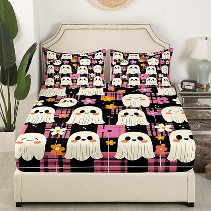Cute Ghost Bed Sheet Set Home Decor Daisy Groovy Flowers Pink Plaids Patchwork Sheet Sets Deep Pocket,Happy Halloween Kawaii Ghosts Black White Mattress Cover,Twin Size with 1 Pillowcase