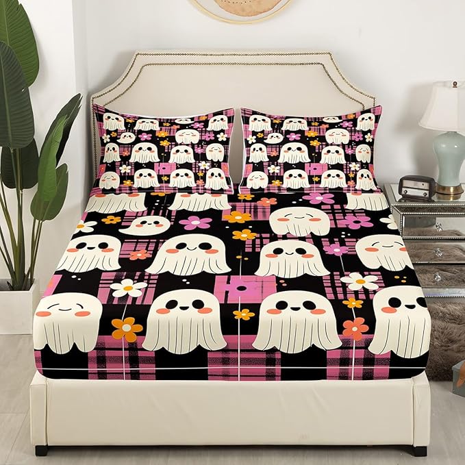 Cute Ghost Fitted Sheet Set with 2 Pillowcase,Daisy Groovy Flowers Pink Plaids Patchwork Microfiber Mattress Cover,Happy Halloween Kawaii Ghosts Black White Bed Cover Queen Size