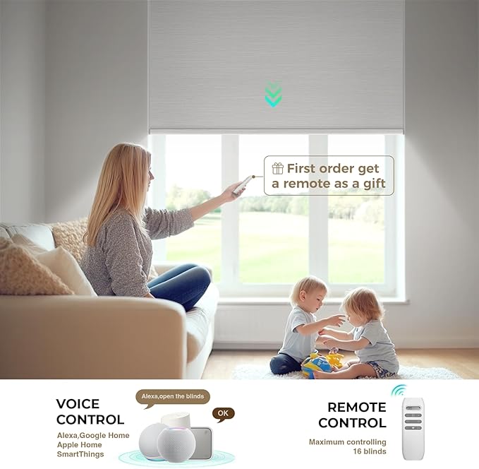 HeyBlinds Motorized Blinds with Remote, 100% Blackout Smart Blinds, Automatic Shades for Windows Compatible with Alexa Google and Homekit, Custom Size(Summer Haze-Opaline BO)