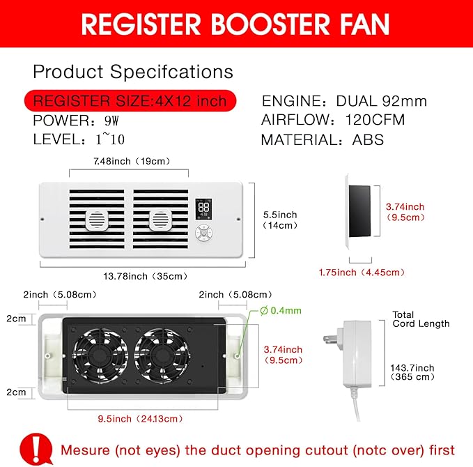 Register Booster Fan Fits 4" x 12" Register Holes, 10-Speed Smart Thermostat AC Vent Fan with Timer Setting and Aroma Function, Air Vents Fans & Heating for Wal