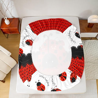 Manfei Ladybug Kids Sheet Twin Size,Red Black Ladybird Beetle Insect Rustic Girls Boys Bedding Set Decor,Geometric Polka Dots Abstract Cartoon Bed Sheet Set 3pcs(Fitted + Flat + 1 Pillowcase)