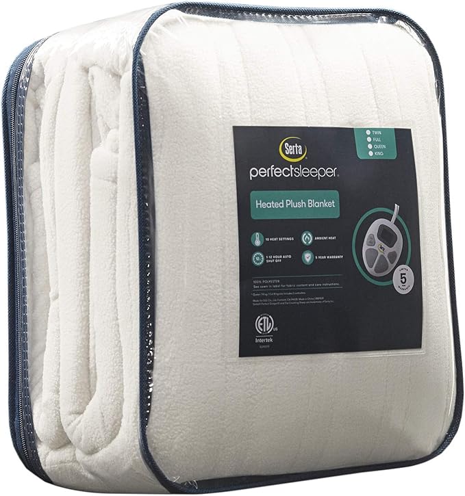 Serta Heated Blanket - Reversible Fleece to Sherpa Electric Blanket, Fast Heating, Auto Shut Off Timer, Multi Heat Setting, ETL Certified, Machine Washable, Ivory King 90"x 100"
