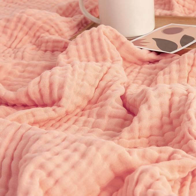 EMME Muslin and Cotton Twin Blankets for Couch Breathable Gauze Blanket All Season Soft and Lightweight Pre-Washed Cotton Blanket (Pink, 60"x80")