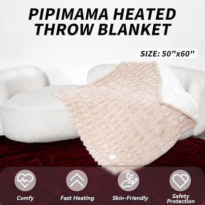Heated Electric Blanket Throw Size Faux Fur & Sherpa 50" x 60" Soft Heating Blanket with 6 Heating Levels & 1-8 Hours Auto Off, Beige