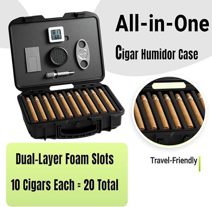 Cigar Humidor, ClGCRAFT Travel Cigar Humidor Box- Portable Cigar Case with Humidifier Disc, Waterproof, Essential Airtight Travel Humidor Kit for Cigar Aficionados (Holds up to 20 Cigars)