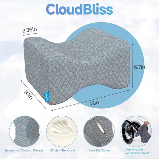 CloudBliss Knee Pillow for Side Sleepers - Cooling Leg Pillow for Side Sleeping, Memory Foam Knee Pillow for Hip Pain, Lower Back Pain, Sciatica Pain, Knee Wedge Pillow with Contour Design,Grey