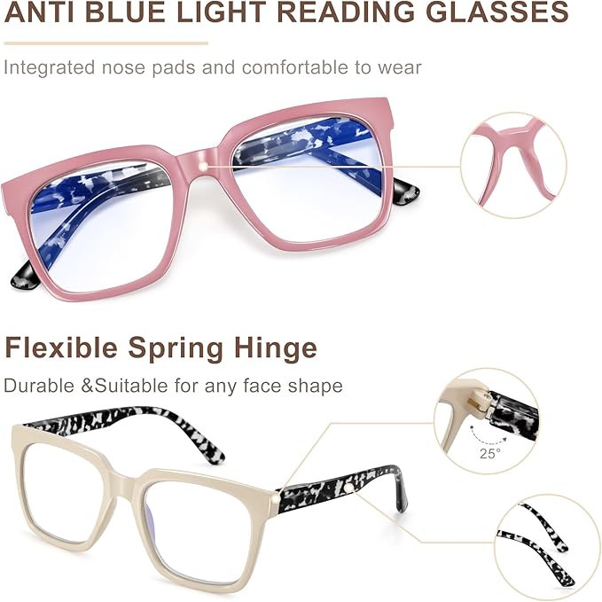 EASY READ 3 Pairs Reading Glasses for Women, Squre Computer Blue Light Blocking Anti UV Readers with Spring Hinge